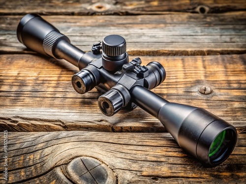 Tactical rifle scope with intricate details and subtle wear, resting on a weathered wooden surface, evoking a sense photo