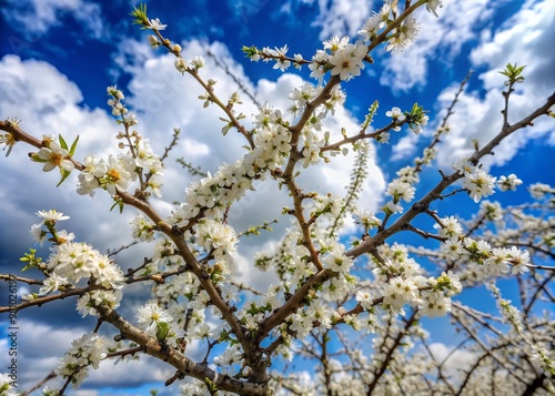 Tangled branches of a mature blackthorn tree, with sharp thorns and small white flowers, against a soft blue