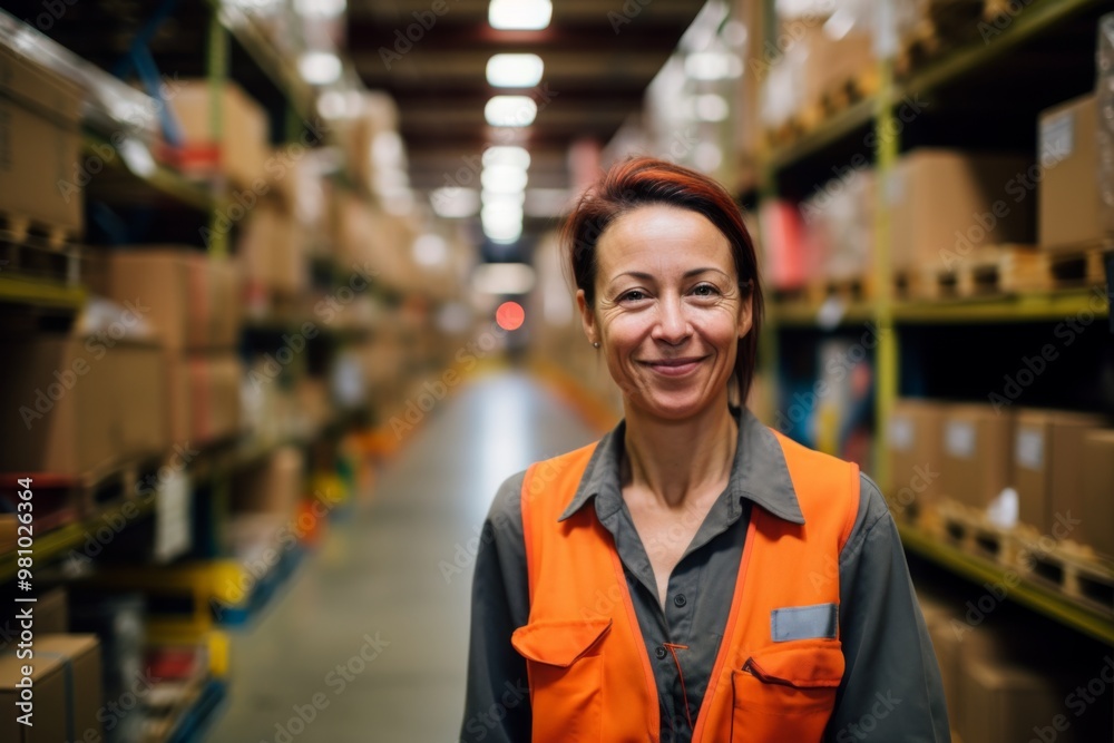 Portrait of a smiling middle aged female warehouse worker Portrait of a smiling middle aged female warehouse worker