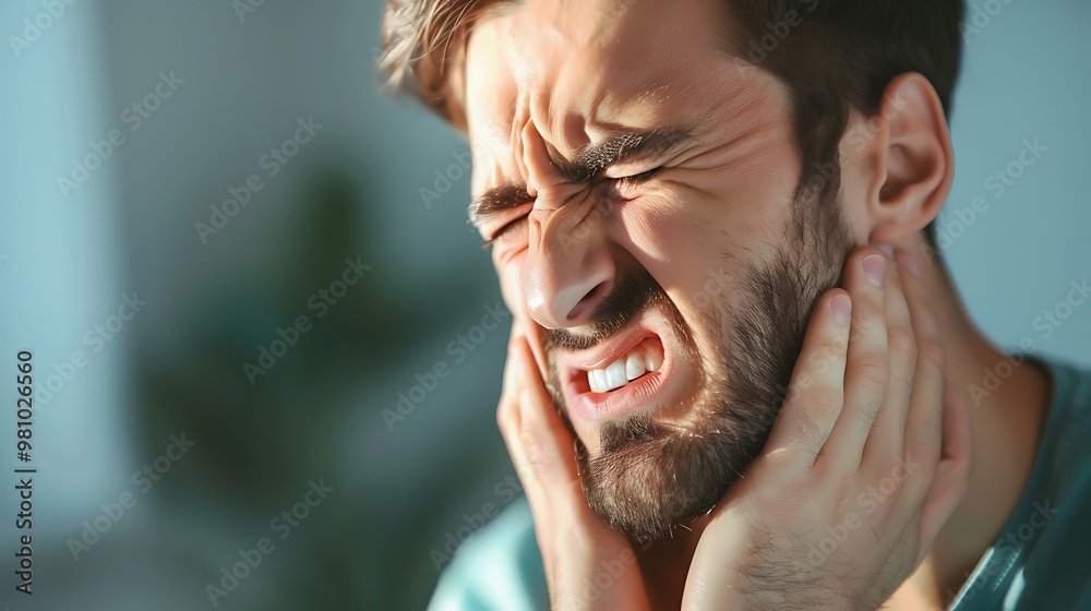 Portrait of a man holding his face grimacing in pain Portrait of a man holding his face grimacing in pain