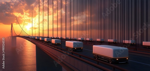 Fleet of trucks crossing a bridge at sunset, showcasing transport efficiency and beautiful scenery. photo