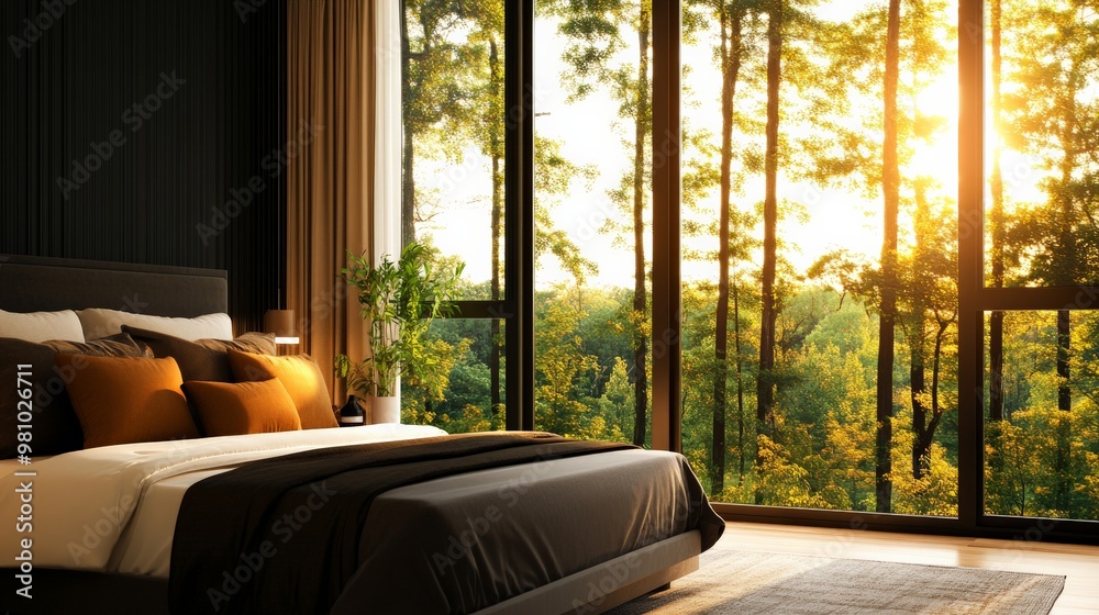 Sunlit modern bedroom with large windows overlooking a serene forest view, featuring cozy bedding and stylish decor. Sunlit modern bedroom with large windows overlooking a serene forest view, featuring cozy bedding and stylish decor.