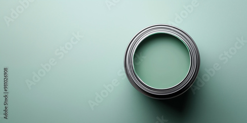 Fototapeta Naklejka Na Ścianę i Meble -  Top view of open paint can, green color, on matching background, home improvement concept
