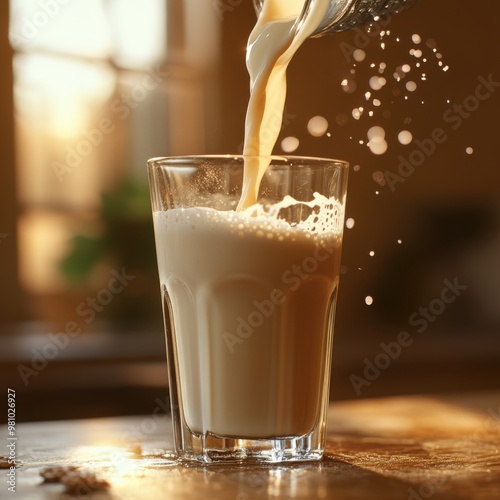 Creamy milk pouring into a glass, capturing the richness and texture with a warm, inviting glow.