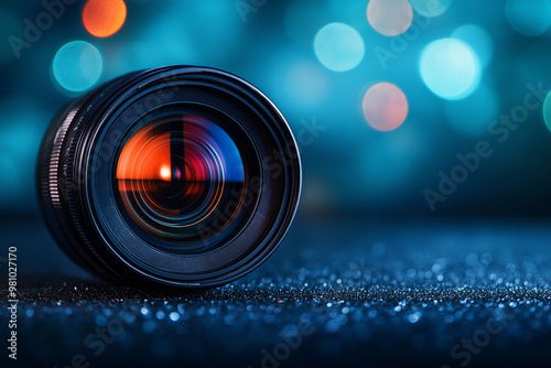 Closeup camera lens with lense reflection bokeh background by generative ai