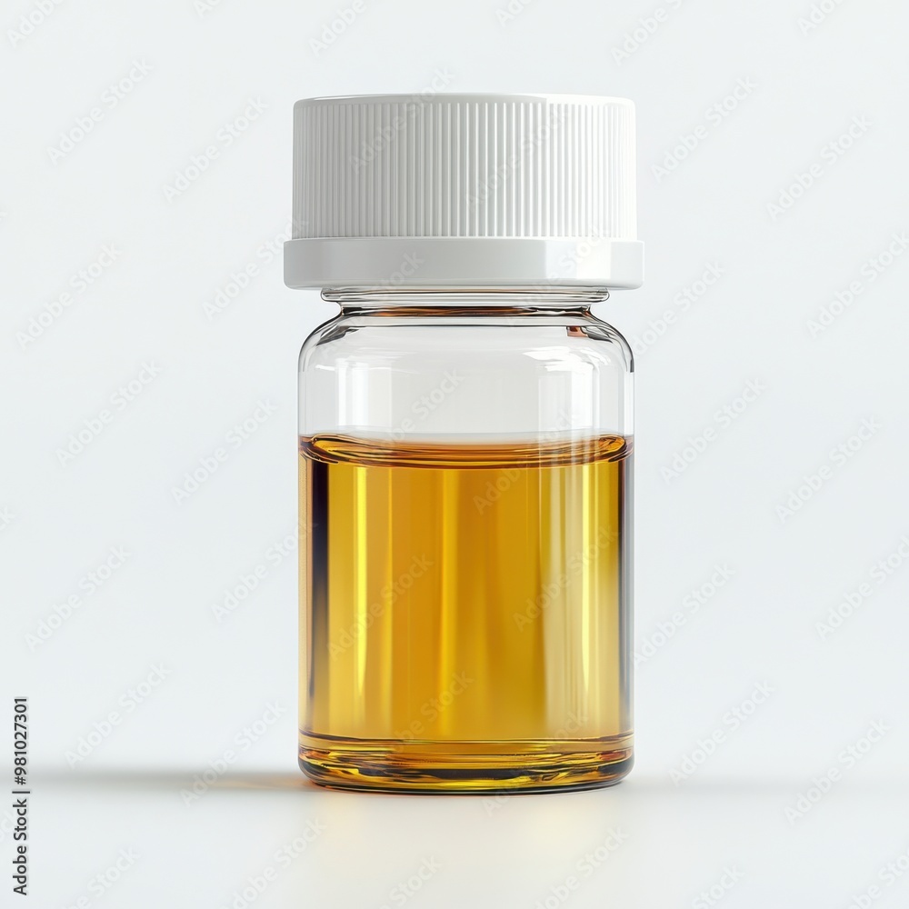 A clear glass bottle filled with light amber liquid, featuring a white screw cap, ideal for branding and product presentation. A clear glass bottle filled with light amber liquid, featuring a white screw cap, ideal for branding and product presentation.