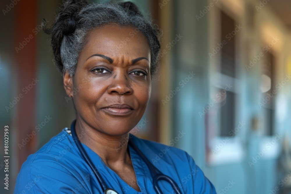 Portrait of a middle aged African American female registered nurse Portrait of a middle aged African American female registered nurse