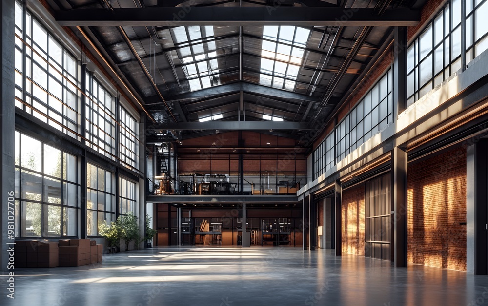 Fototapeta premium Spacious industrial interior with large windows, showcasing a blend of natural light and modern design elements.