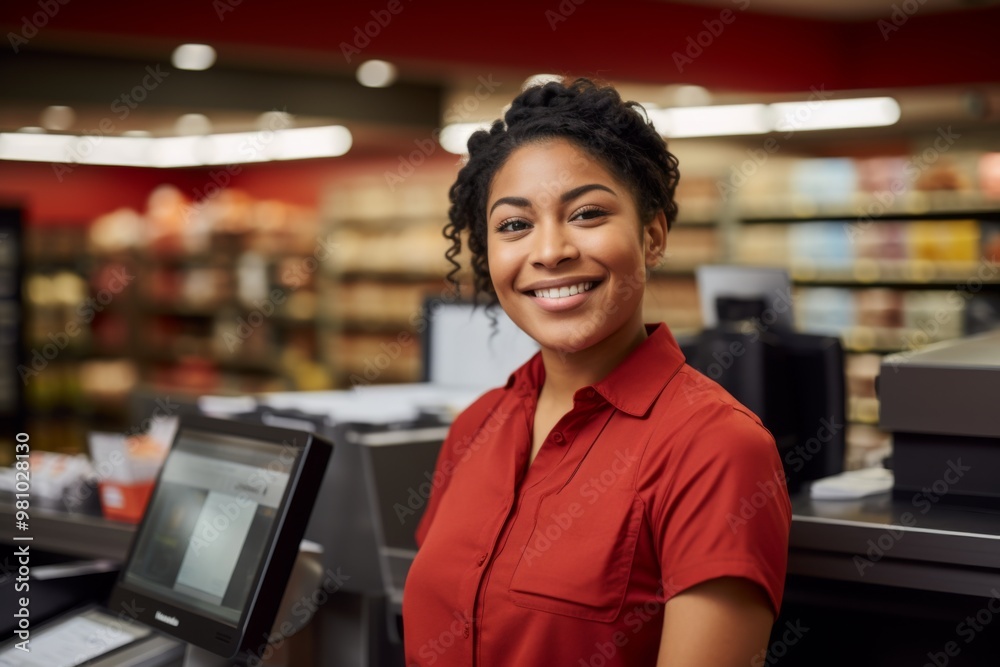 Portrait of a young female black cashier at supermarket Portrait of a young female black cashier at supermarket