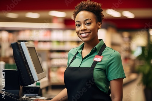 Portrait of a young female black cashier at supermarket