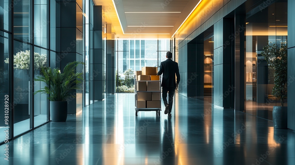 Fototapeta premium Businessman pushing a trolley full of packages in an office corridor