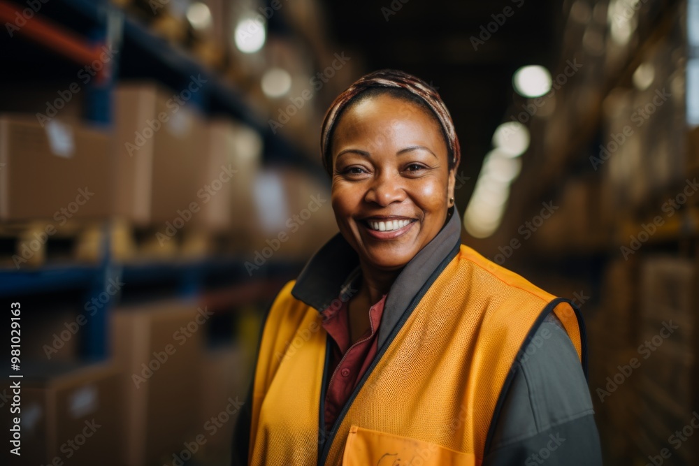 Portrait of a smiling middle aged female warehouse worker Portrait of a smiling middle aged female warehouse worker