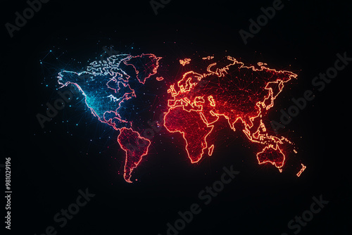 A vibrant representation of the world map, featuring glowing blue and red outlines, perfect for technology and global themes. #981029196