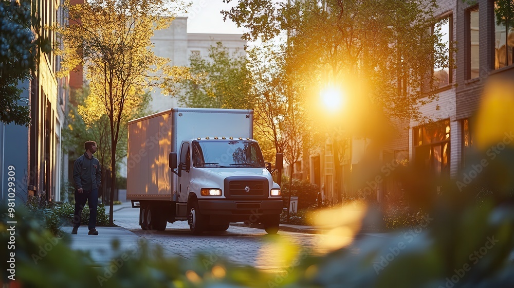 Delivery truck driver walking on the sidewalk in a residential area at sunset Delivery truck driver walking on the sidewalk in a residential area at sunset