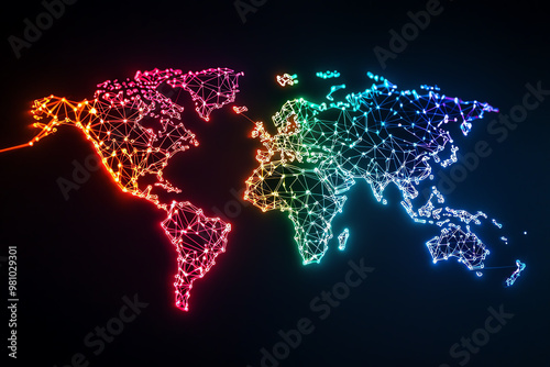 Fototapeta Naklejka Na Ścianę i Meble -  Colorful digital world map with glowing network connections, symbolizing global communication and technology.