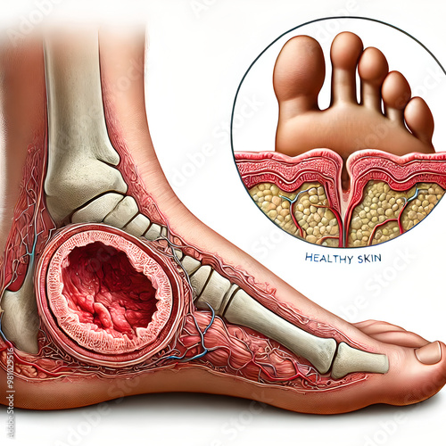 Foot anatomy: diabetic foot ulcer developing on the sole of the foot. ulcer’s location near the ball of the foot, with surrounding areas showing signs of infection or poor circulation.