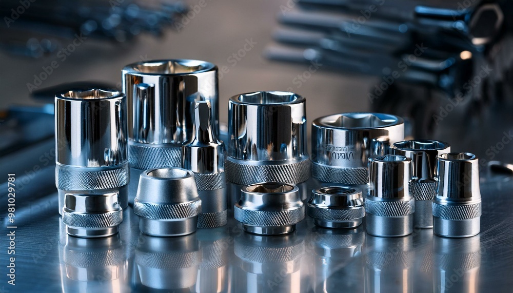 A polished and shiny collection of wrenches, sockets, and screwdrivers displayed on a sleek, brushed metal surface. A polished and shiny collection of wrenches, sockets, and screwdrivers displayed on a sleek, brushed metal surface.