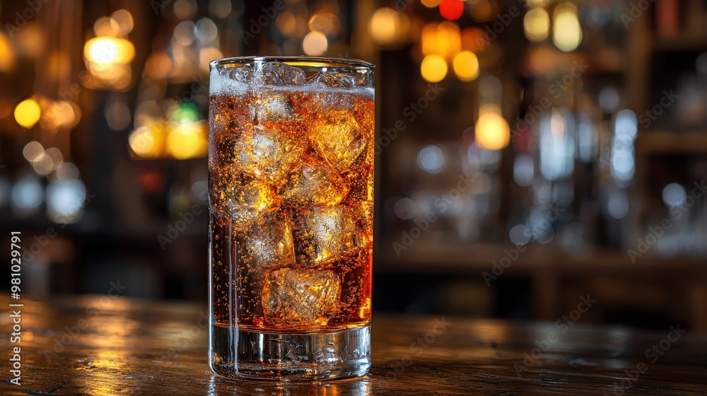 A refreshing drink with ice on a wooden bar top inside a vibrant cocktail lounge during the evening A refreshing drink with ice on a wooden bar top inside a vibrant cocktail lounge during the evening
