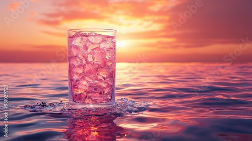 A refreshing glass of pink drink with ice sits in tranquil water at sunset, capturing the serene beauty of the evening sky