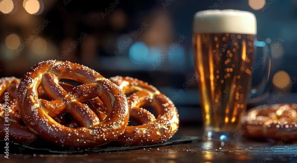 Delicious soft pretzels served with a frosty glass of golden beer. Delicious soft pretzels served with a frosty glass of golden beer.