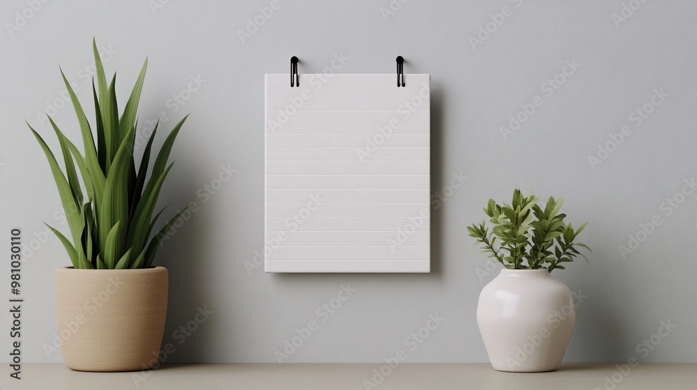 Minimalistic scene featuring a blank paper on a wall with potted plants, perfect for notes or creative ideas. Minimalistic scene featuring a blank paper on a wall with potted plants, perfect for notes or creative ideas.