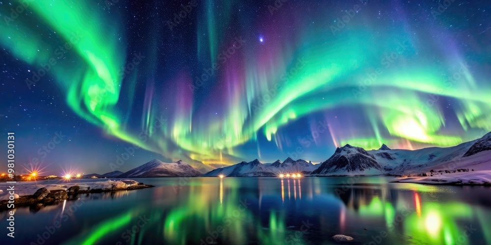 Majestic aurora borealis glowing in the night sky, Northern lights, celestial, natural beauty Majestic aurora borealis glowing in the night sky, Northern lights, celestial, natural beauty