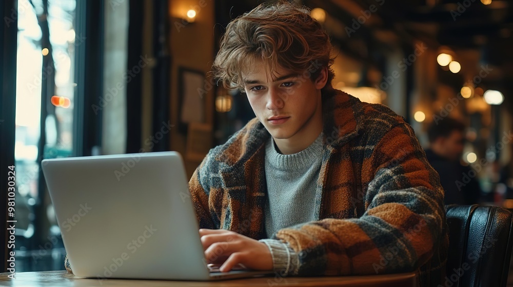 A young man focused on his laptop in a cozy cafe, surrounded by warm lights and a vibrant atmosphere. A young man focused on his laptop in a cozy cafe, surrounded by warm lights and a vibrant atmosphere.