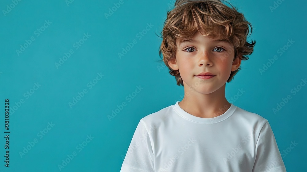 Portrait of a boy against a vibrant blue background, showcasing confidence and charm in casual white attire. Portrait of a boy against a vibrant blue background, showcasing confidence and charm in casual white attire.