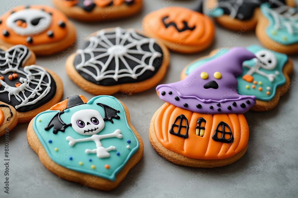 Cute colorful Gingerbread halloween cookie biscuit on light and cute background with fun decorations Cute colorful Gingerbread halloween cookie biscuit on light and cute background with fun decorations