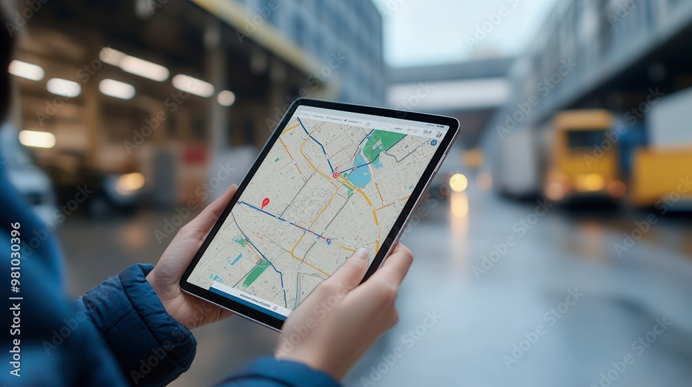 Manager using navigation app on tablet in front of trucks Manager using navigation app on tablet in front of trucks