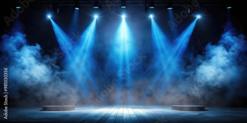 Illuminated stage with blue spotlight and fog on black background, stage, lights, spotlight, blue, illuminated