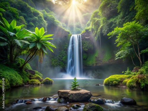 Serenity found: misty waterfall cascades down lush green tropical surroundings, creating a peaceful atmosphere for yoga and meditation practice amidst nature's tranquility. photo