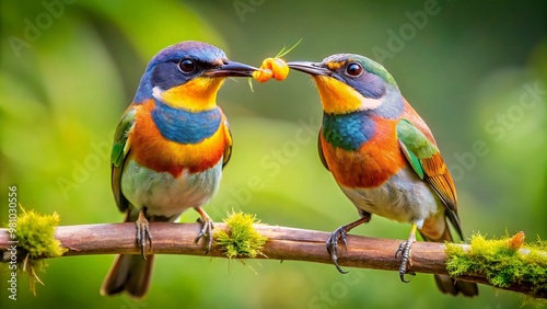 Two birds perched on a branch in harmony, perfectly positioned to catch identical juicy worms simultaneously,