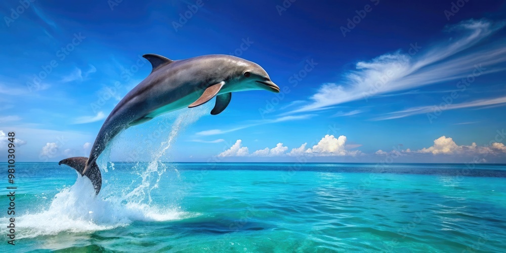 Obraz premium Dolphin jumping out of crystal blue water, dolphin, marine life, wildlife, aquatic, mammal, ocean, vibrant, jump, splash, play