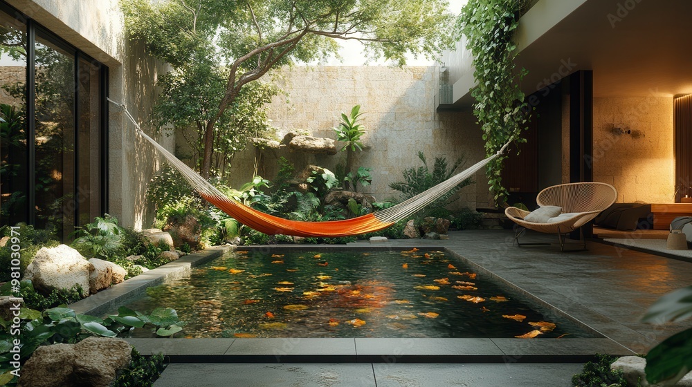 Orange hammock hanging over koi pond in modern patio design Orange hammock hanging over koi pond in modern patio design