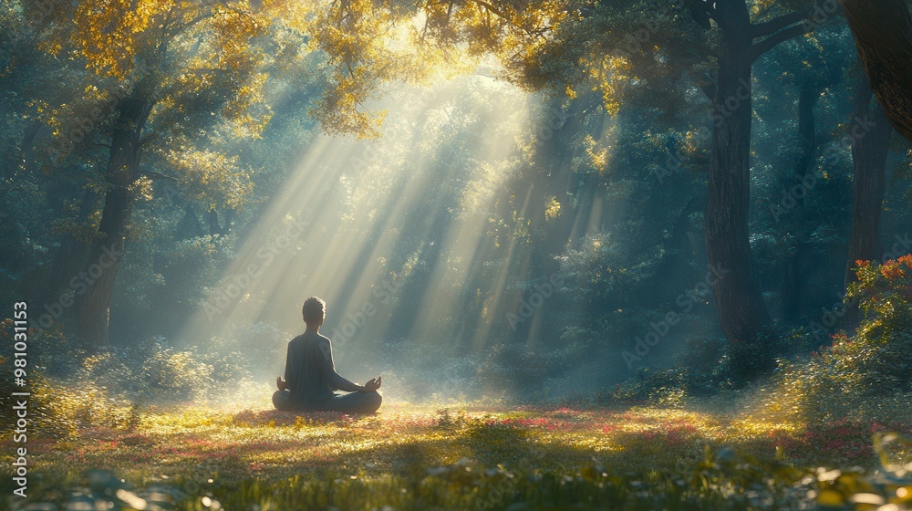 Man meditating in lotus position in forest with sunlight rays Man meditating in lotus position in forest with sunlight rays