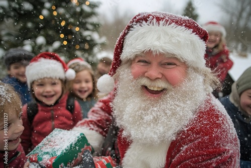 Surrounded by children, Santa Claus revels in the snowy festivities of Christmas, symbolizing joy, warmth, and the magic of the holiday season.