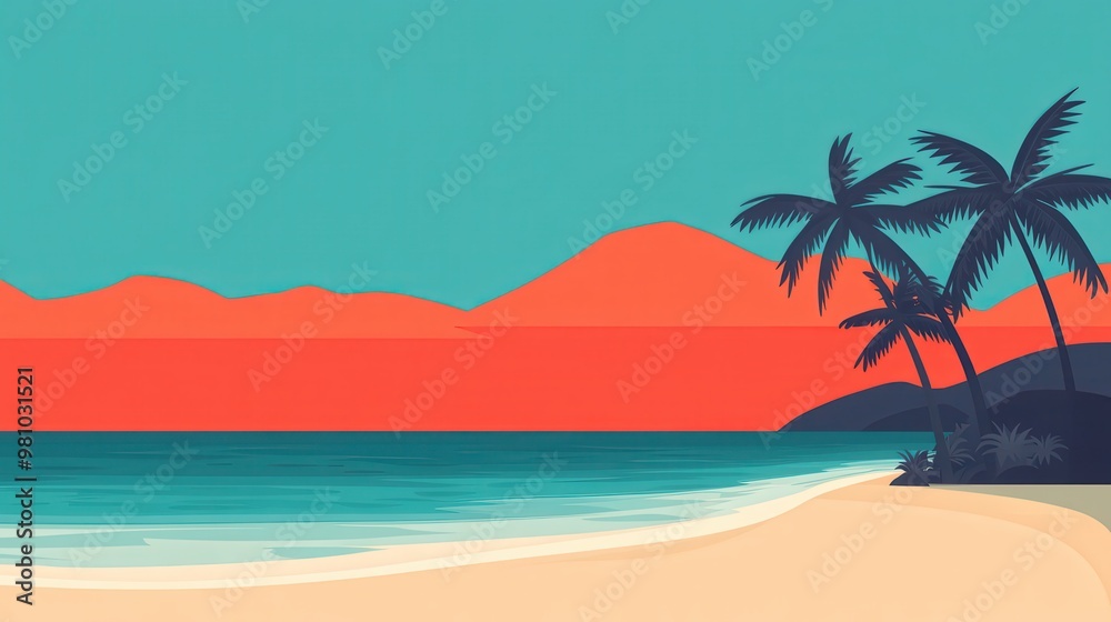 Fototapeta premium A minimalistic beach scene featuring vibrant colors, palm trees, and a serene ocean at sunset, perfect for relaxation and escape.