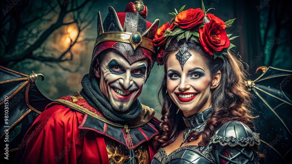 Two smiling partners pose in intricately designed, vibrant attire, displaying creative unity with matching superhero, Two smiling partners pose in intricately designed, vibrant attire, displaying creative unity with matching superhero,
