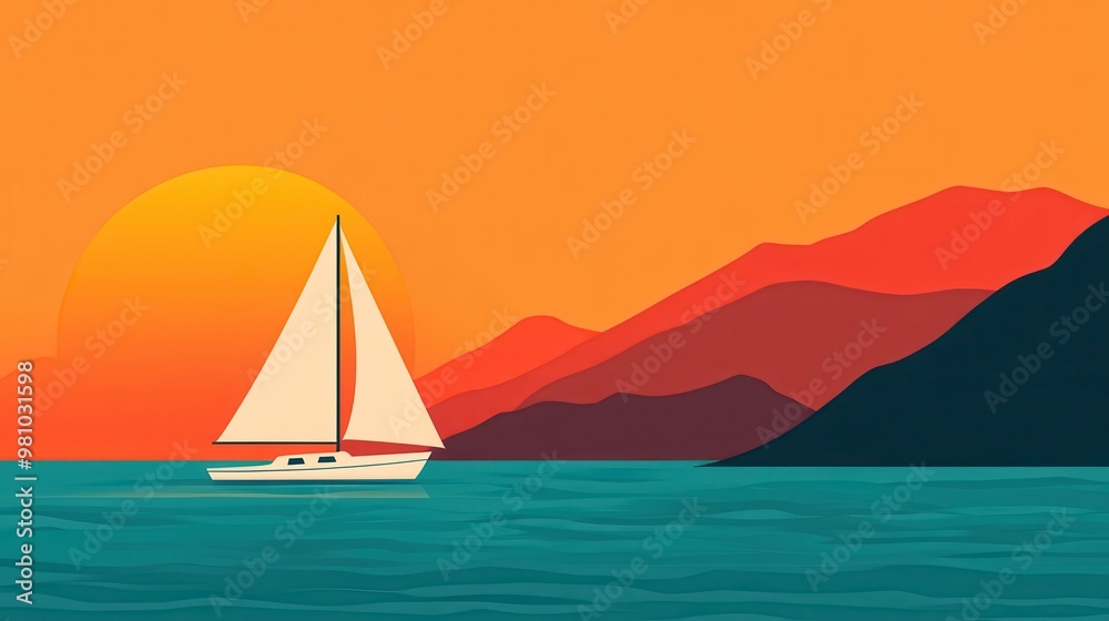 A serene sunset scene featuring a sailboat on calm waters, surrounded by distant mountains and warm, vibrant colors. A serene sunset scene featuring a sailboat on calm waters, surrounded by distant mountains and warm, vibrant colors.