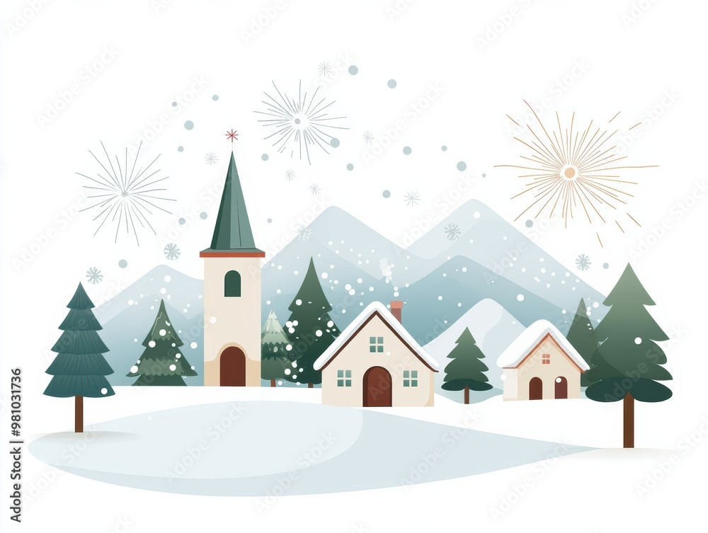 A serene winter scene featuring snowy mountains, cozy houses, evergreen trees, and festive fireworks in a charming, picturesque landscape. A serene winter scene featuring snowy mountains, cozy houses, evergreen trees, and festive fireworks in a charming, picturesque landscape.