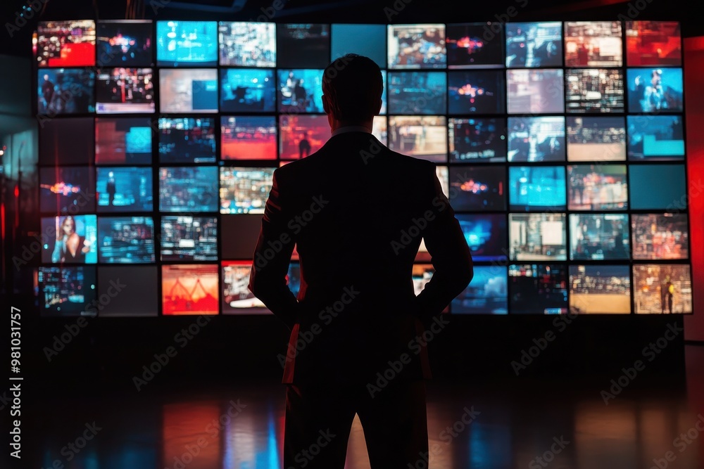 A man in a suit stands and watches television on a large screen wall with multiple screens, against a media news background. A man in a suit stands and watches television on a large screen wall with multiple screens, against a media news background.