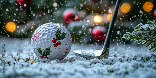 A golf club is about to hit a Christmas-themed golf ball, which looks like a snowball with holly leaves on it. Snow gently falling in the background adds to the cozy winter holiday scene