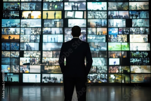 A man in a suit stands and watches television on a large screen wall with multiple screens, against a media news background.