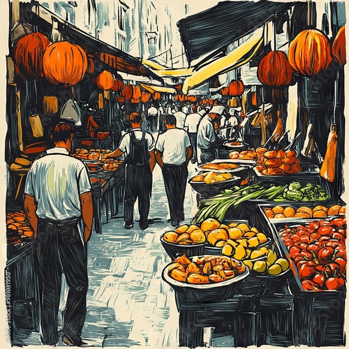 Vibrant Street Market with Fresh Produce and Lanterns in Artistic Style