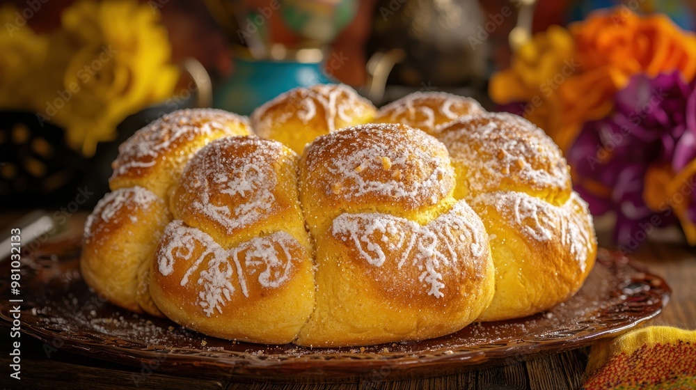 A traditional pan de muerto (bread of the dead) with sugar coating.