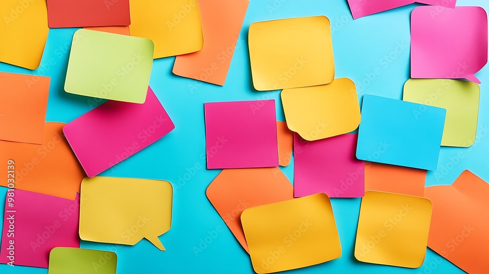 A colorful arrangement of speech bubble-shaped sticky notes on a blue background. A colorful arrangement of speech bubble-shaped sticky notes on a blue background.