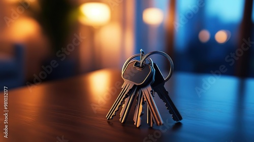 A close-up view of a keyring with several keys, set against a softly lit background, conveying security and home comfort. photo