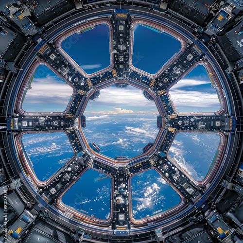 Fototapeta Naklejka Na Ścianę i Meble -  Planet Earth Seen From Space Through The Window of A Space Station, Majestic View of Blue Planet.