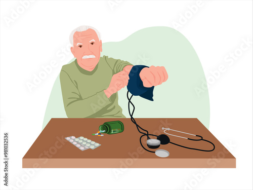 Old man measuring his blood pressure, sphygmomanometer, medicine boxes.